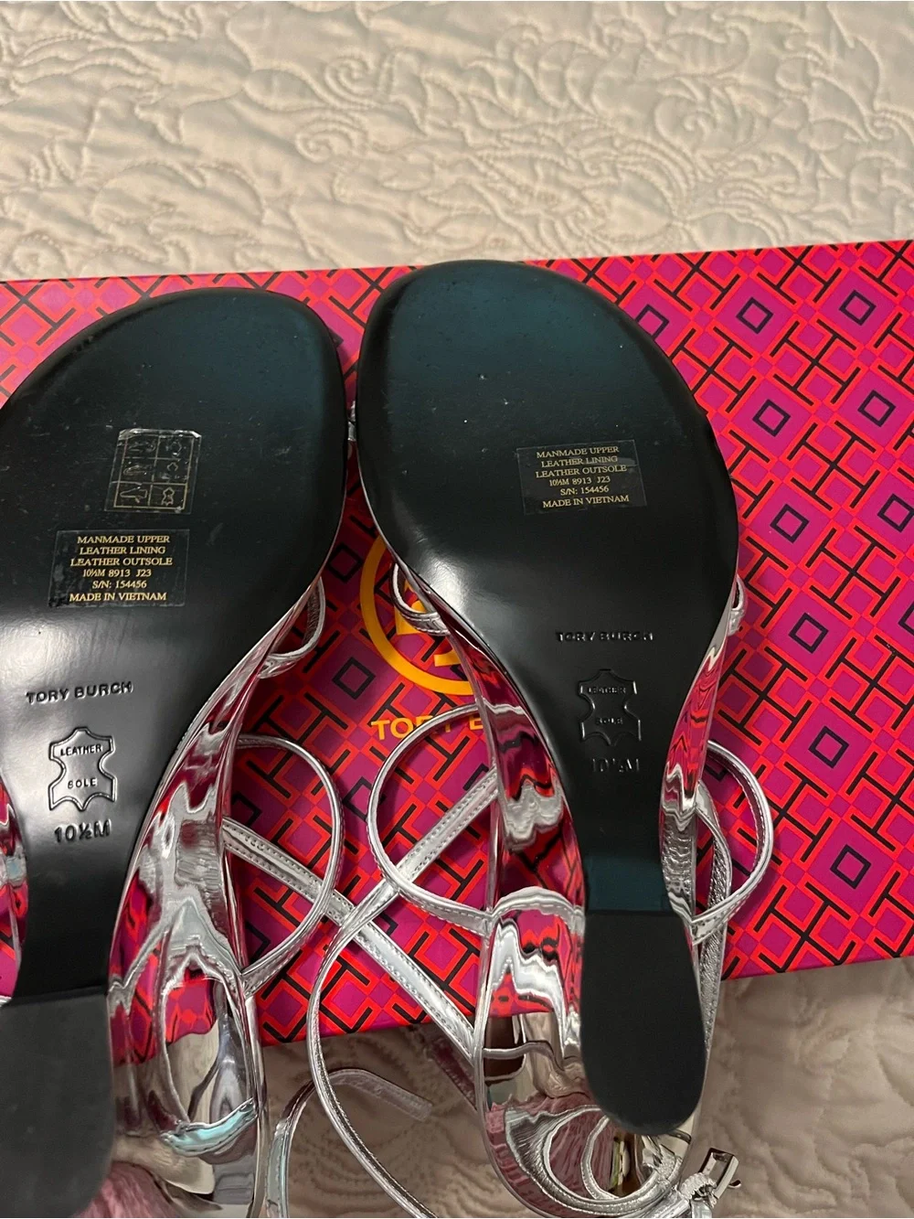 Tory Burch Metallic Silver Logo Strappy Sandals